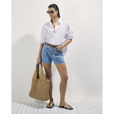 Blue Pocket Front Button Up Denim Shorts