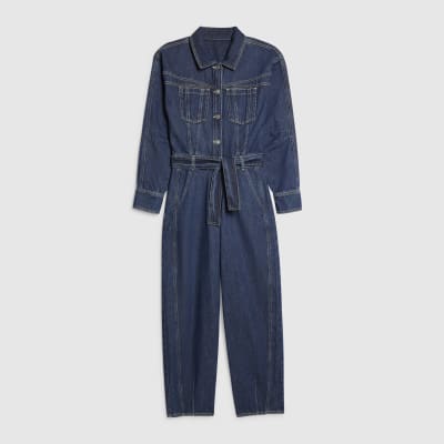 Blue Premium Belted Barrel Leg Denim Jumpsuit
