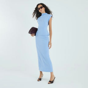 Blue premium High Neck Short Sleeve Top