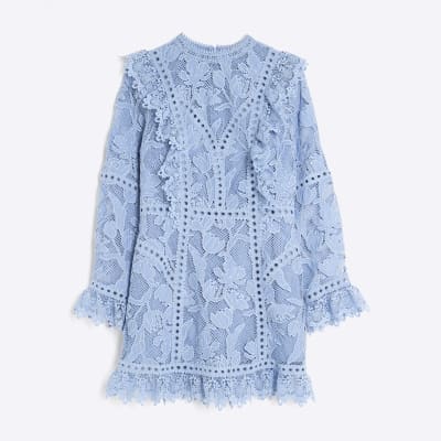 Blue Premium Lace Detail Mini Shift Dress