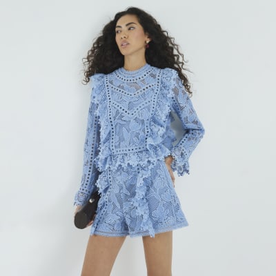 Blue Premium Lace Embroidered Shorts