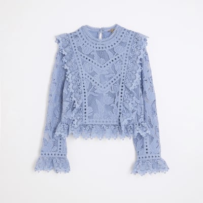 Blue Premium Lace Long Sleeve Top
