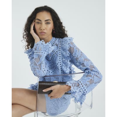 Blue Premium Lace Long Sleeve Top