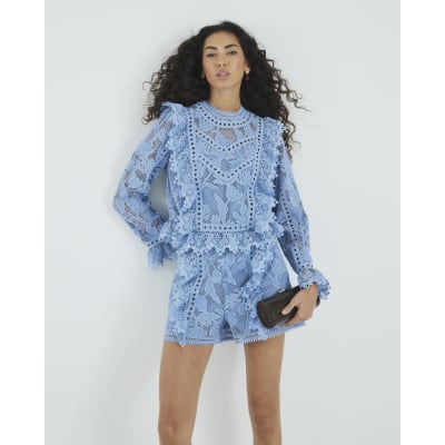 Blue Premium Lace Long Sleeve Top