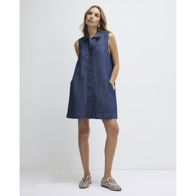 Blue Premium Linen Blend Denim Mini Dress