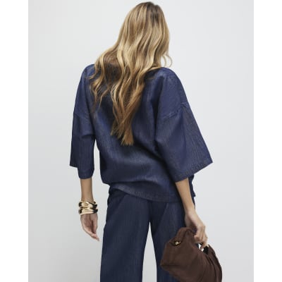 Blue Premium Linen Blend Denim Tunic Top