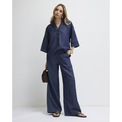 Blue Premium Linen Blend Denim Tunic Top