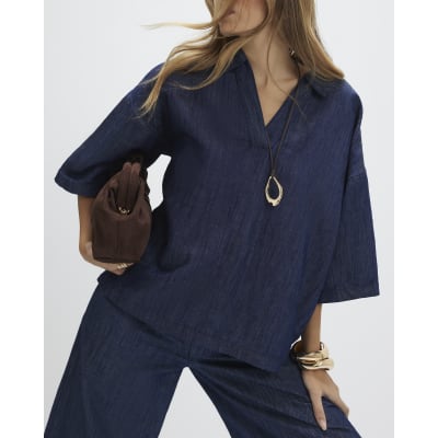 Blue Premium Linen Blend Denim Tunic Top