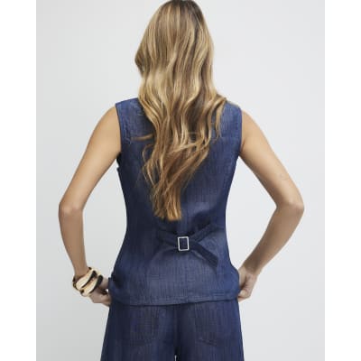 Blue Premium Linen Blend Denim Waistcoat