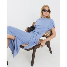 Blue Premium Short Sleeve Knot Midi Dress