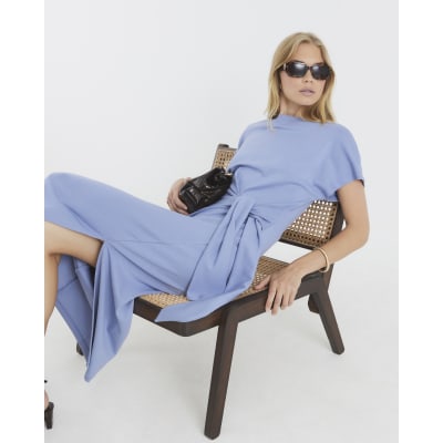 Blue Premium Short Sleeve Knot Midi Dress