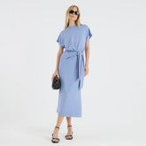 Blue Premium Short Sleeve Knot Midi Dress