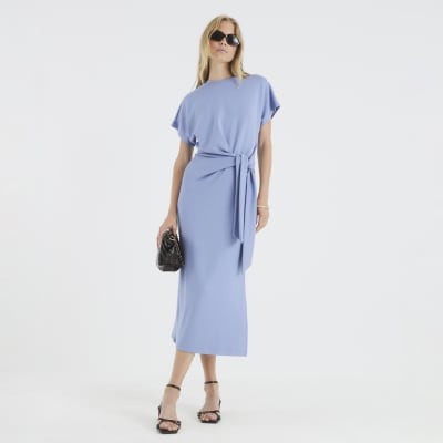 Blue Premium Short Sleeve Knot Midi Dress