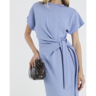 Blue Premium Short Sleeve Knot Midi Dress