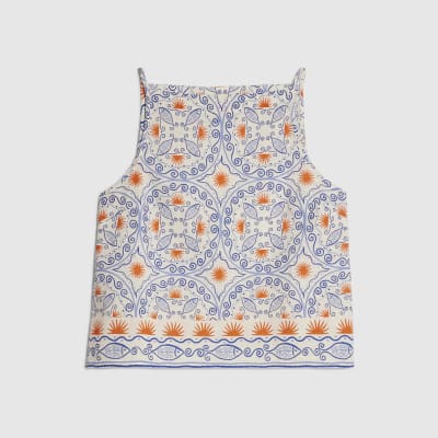 Blue Printed Linen Blend Tank Top