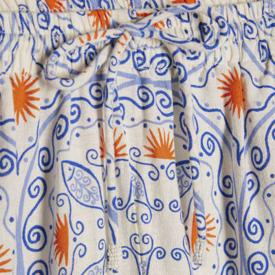 Blue Printed Linen Blend Trousers