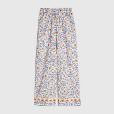 Blue Printed Linen Blend Trousers