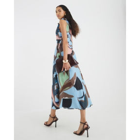 Blue Printed Twist Shoulder Midi Dress