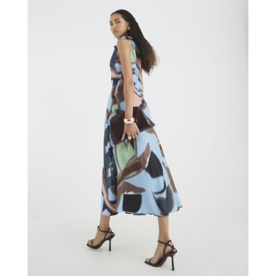 Blue Printed Twist Shoulder Midi Dress