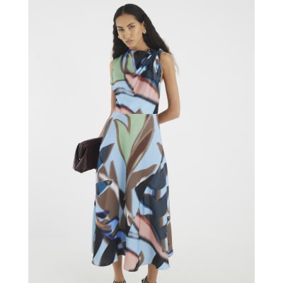 Blue Printed Twist Shoulder Midi Dress