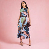 Blue Printed Twist Shoulder Midi Dress