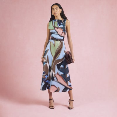 Blue Printed Twist Shoulder Midi Dress