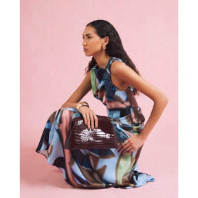 Blue Printed Twist Shoulder Midi Dress
