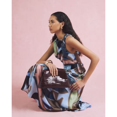 Blue Printed Twist Shoulder Midi Dress