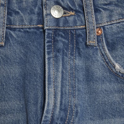 Blue Raw Hem Wide Leg Jeans