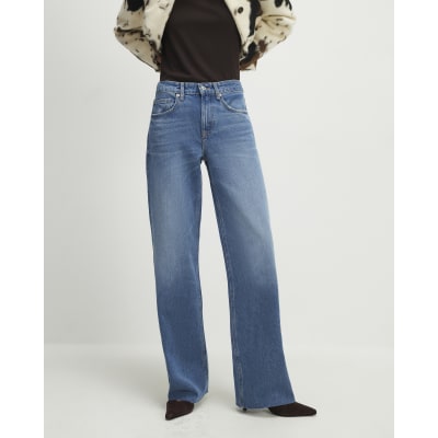 Blue Raw Hem Wide Leg Jeans