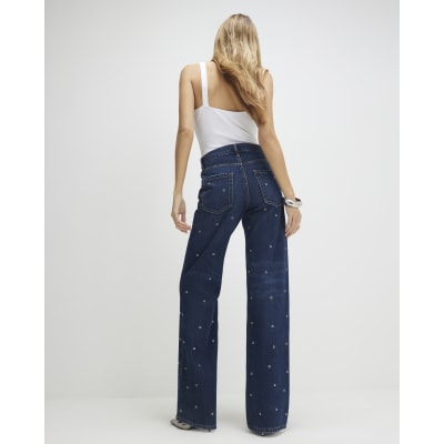Blue Relaxed Straight Eyelet Jeans