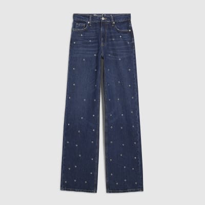 Blue Relaxed Straight Eyelet Jeans