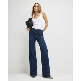 Blue Relaxed Straight Eyelet Jeans