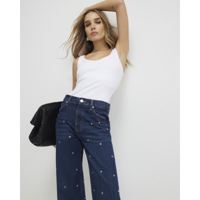 Blue Relaxed Straight Eyelet Jeans