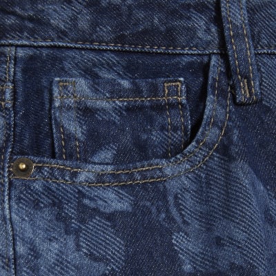 Blue Relaxed Straight Floral Print Jeans