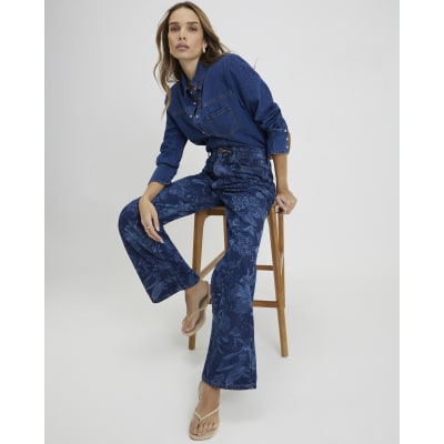 Blue Relaxed Straight Floral Print Jeans