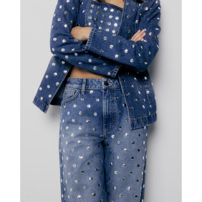 Blue Relaxed Straight Leg Studded Jeans