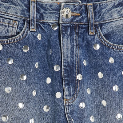 Blue Relaxed Straight Leg Studded Jeans