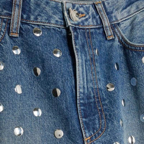 Blue Relaxed Straight Leg Studded Jeans