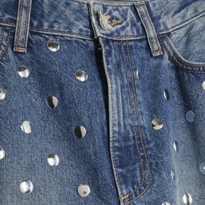 Blue Relaxed Straight Leg Studded Jeans