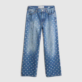 Blue Relaxed Straight Leg Studded Jeans