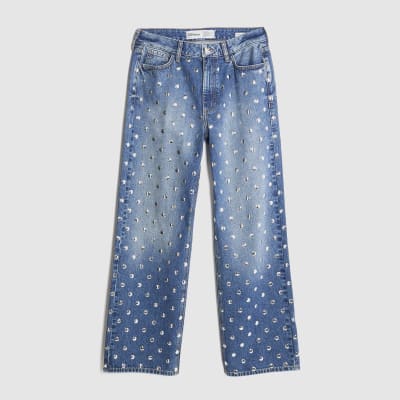 Blue Relaxed Straight Leg Studded Jeans