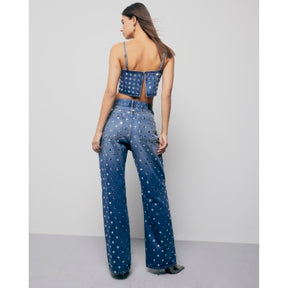 Blue Relaxed Straight Leg Studded Jeans