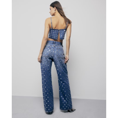 Blue Relaxed Straight Leg Studded Jeans