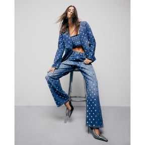 Blue Relaxed Straight Leg Studded Jeans