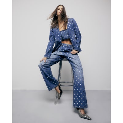 Blue Relaxed Straight Leg Studded Jeans