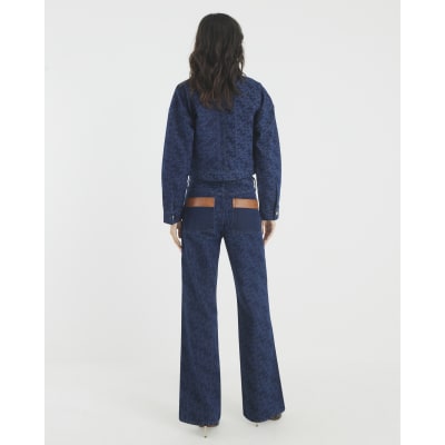 Blue Relaxed Straight Monogram Print Jeans