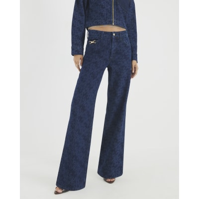 Blue Relaxed Straight Monogram Print Jeans