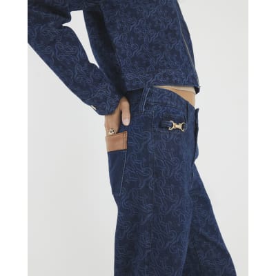 Blue Relaxed Straight Monogram Print Jeans