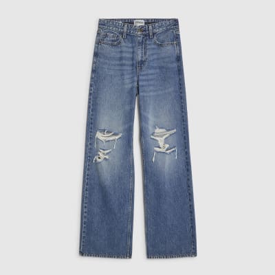 Blue Relaxed Straight Ripped Jeans